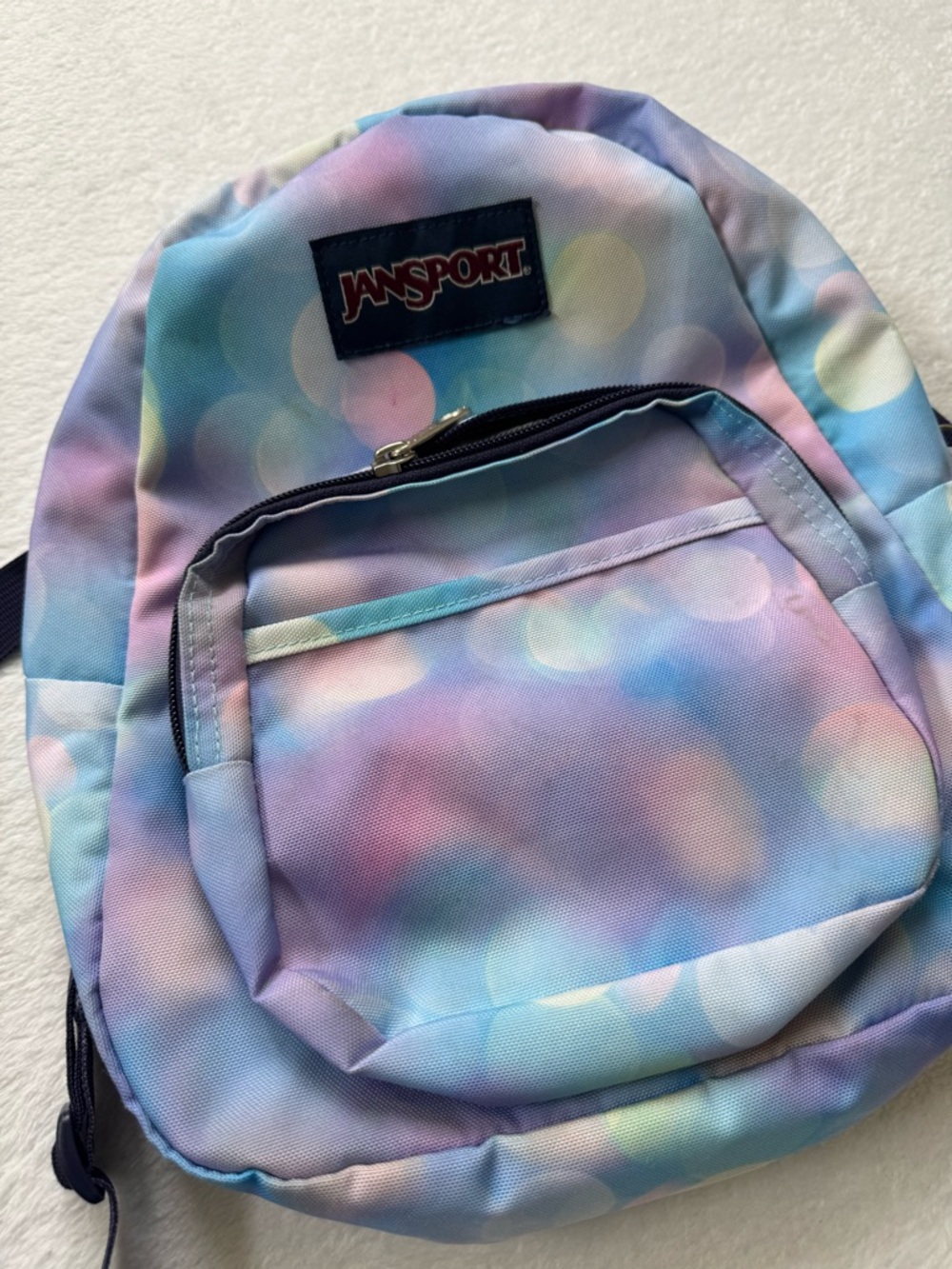 Jansport Mini Backpack in Pastel Blue, Pink, Lavender Bubble Print - Picture 2 of 7